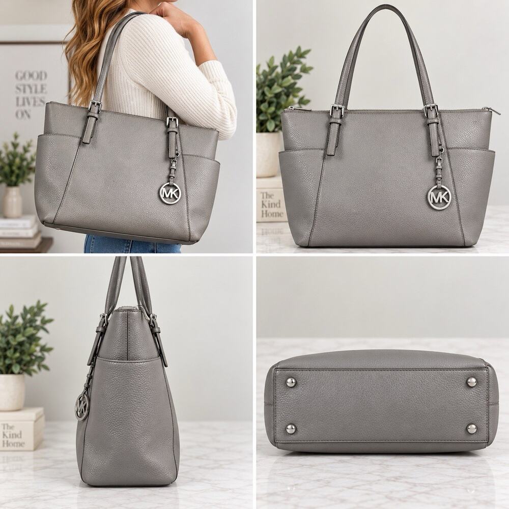 Michael Kors Gray Pebbled Leather Tote Bag Shoulder Purse Silver Hardware MK